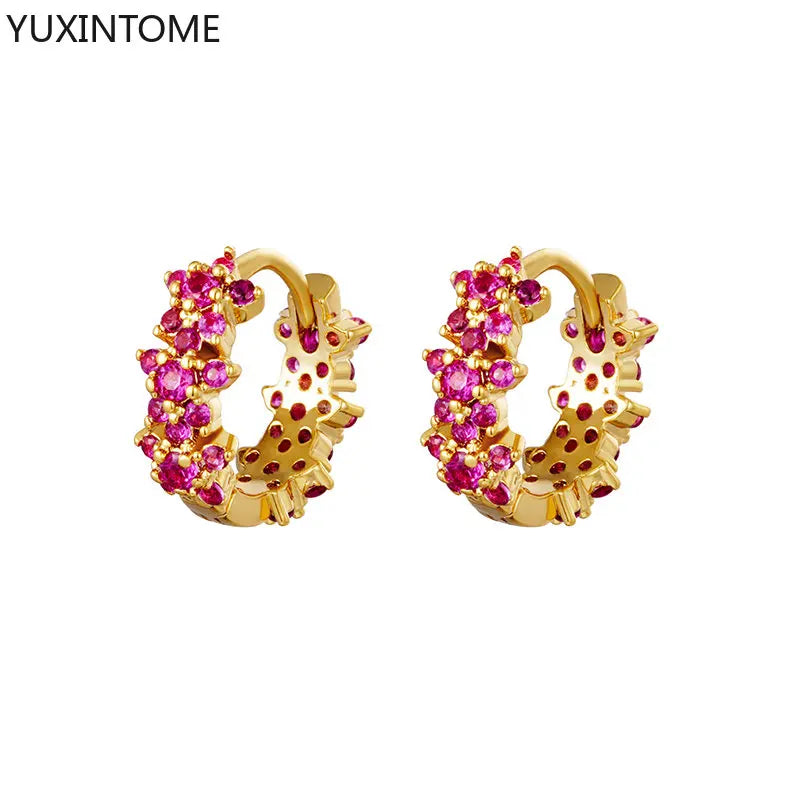 Luxury 925 Sterling Silver Ear Needle Flower Colorful Crystal Gold Earring For Women Hoop Earrings Trend Jewelry  Accessories