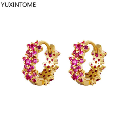 Luxury 925 Sterling Silver Ear Needle Flower Colorful Crystal Gold Earring For Women Hoop Earrings Trend Jewelry  Accessories