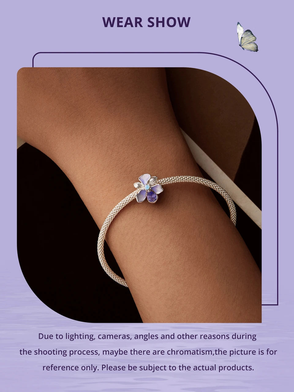 Bamoer 100% 925 Sterling Silver Romantic Crystal Butterfly Iris Charm For Women Fit Bracelet DIY Necklace Fine Jewelry Gift
