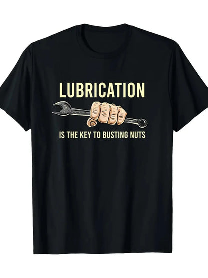 Men's Humorous Graphic T-Shirt - 100% Cotton, "Lubrication Is Key to Busting Nuts"
