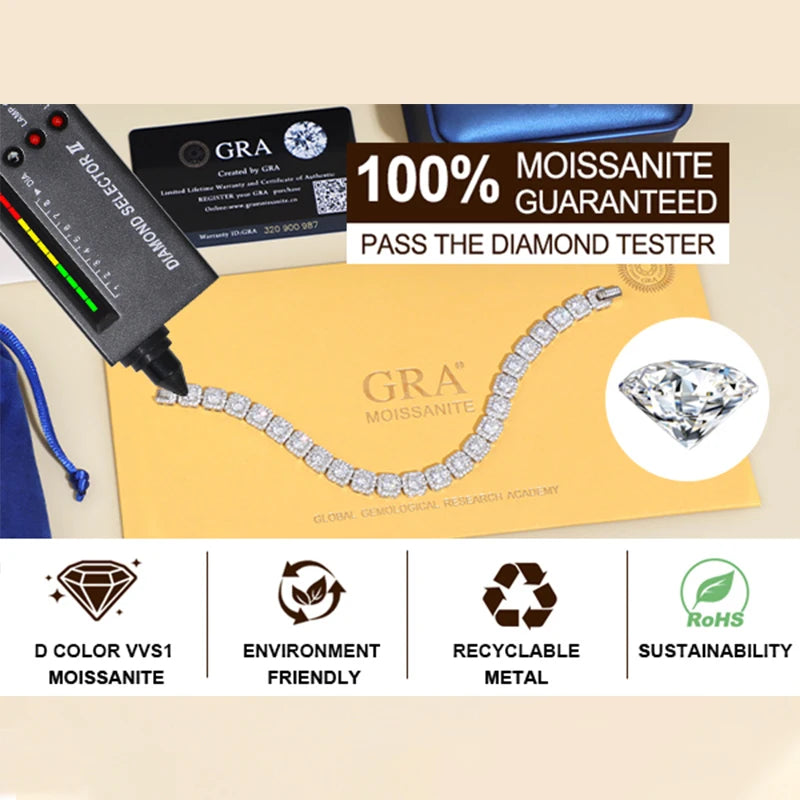 Iced Out Moissanite Halo Tennis Bracelet for Women Men S925 Sterling Silver 18k Gold Plated Jewelry with GRA Bracelets Gifts