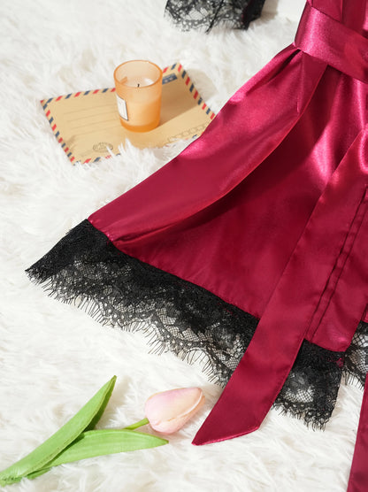 4Pcs Women Satin Pajama Set Robe Lace Lingerie Sexy Silk Nightwear