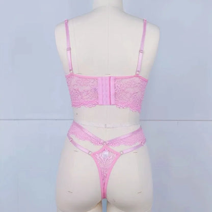 Sexy Beaded 3D Flower Hollow Out See-through Lace Up Underwear Set