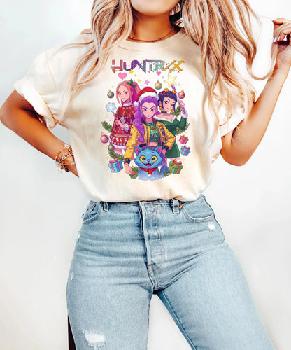 KPDH Huntrix Demon Hunters Christmas Sweatshirt, Merry Huntrix Christmas Shirt Kpop Demon Hunters Mira Rumi Derpy Tiger Shirt
