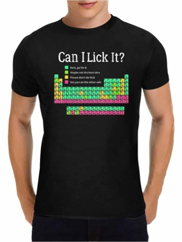 Men's Black Crew Neck T-Shirt Can I Lick It Periodic Table