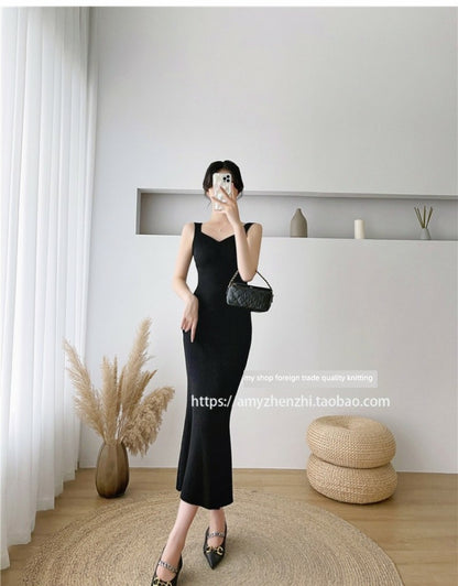 Autumn and Winter V-neck Slim-Fit Sleeveless Sling Fishtail Dress Sweater