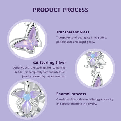 Bamoer 100% 925 Sterling Silver Romantic Crystal Butterfly Iris Charm For Women Fit Bracelet DIY Necklace Fine Jewelry Gift