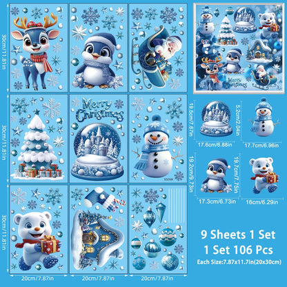 Christmas Window Stickers Blue Theme - Static Cling Snowman Snowflake Decals for Glass Doors, Shop Displays & Home Decor