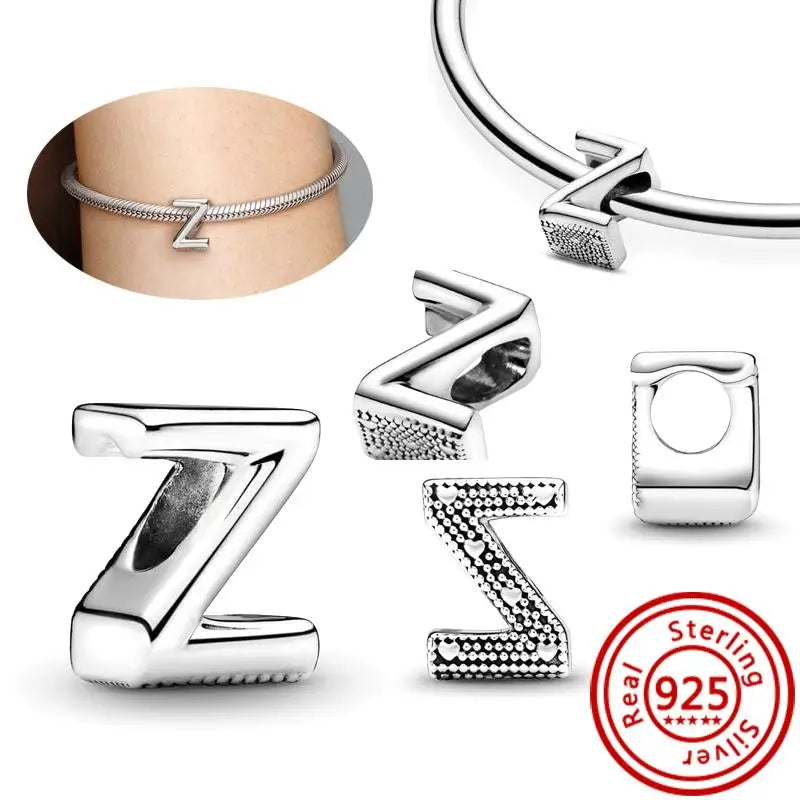 Hot Sale 100% 925 Sterling Silver 26 Letter A~Z Alphabet DIY Name Beads Fit Original  Charm Bracelet Bangles Fine Jewelry