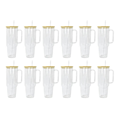 12pcs 40oz Clear Glass Sublimation Coffee Tumbler Travel Glass Mug With Handle Hu