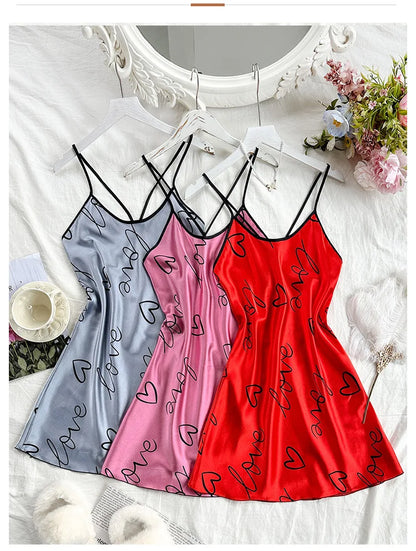 Heart Letter Print Spaghetti Strap Women's Sleepwear