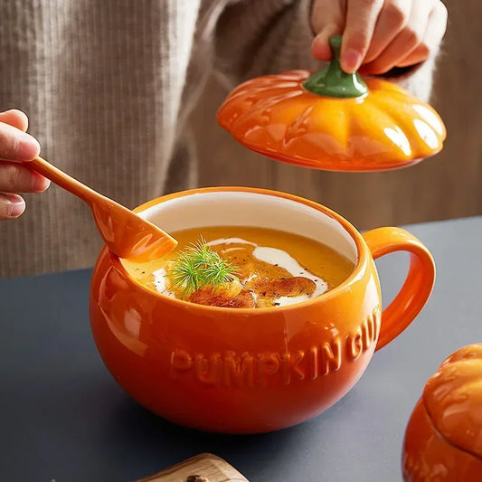 Pumpkin Mug Ceramic with Lid with Spoon Coffee Cups Milk Tea Breakfast Creative Handle Design Gift Drinkware Kitchen Halloween