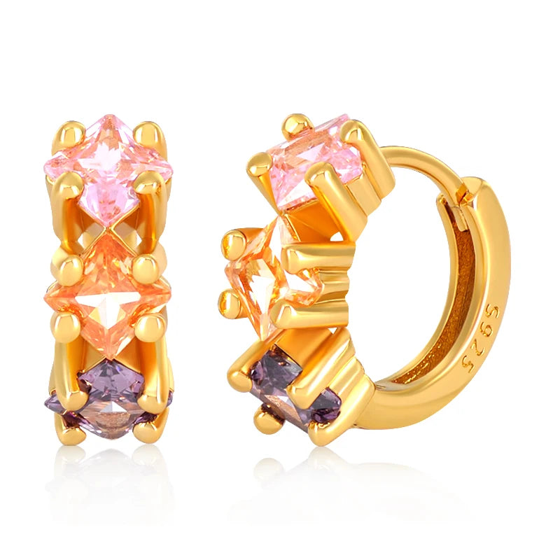 Luxury 925 Sterling Silver Ear Needle Flower Colorful Crystal Gold Earring For Women Hoop Earrings Trend Jewelry  Accessories