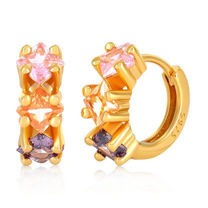 Luxury 925 Sterling Silver Ear Needle Flower Colorful Crystal Gold Earring For Women Hoop Earrings Trend Jewelry  Accessories