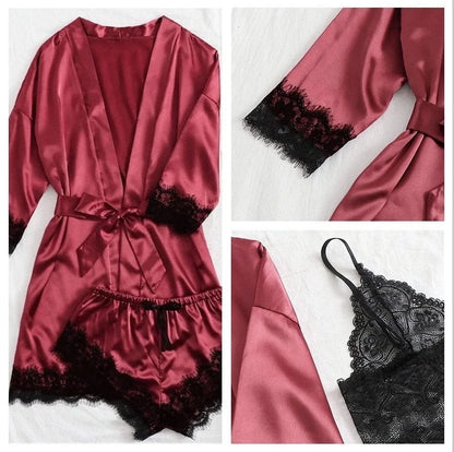 Women's Sexy Satin Lace Lingerie Set – Wine Red Nightwear with Robe , Bralette, Shorts & Panty for romantic atmosphere