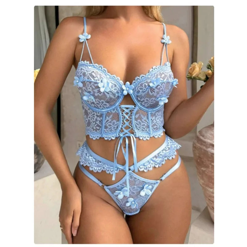 Sexy Beaded 3D Flower Hollow Out See-through Lace Up Underwear Set