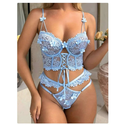 Sexy Beaded 3D Flower Hollow Out See-through Lace Up Underwear Set