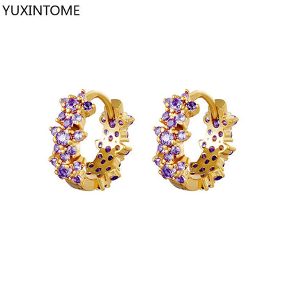 Luxury 925 Sterling Silver Ear Needle Flower Colorful Crystal Gold Earring For Women Hoop Earrings Trend Jewelry  Accessories