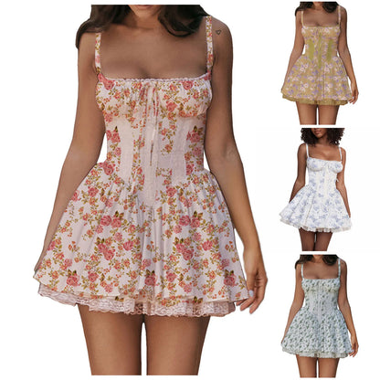 Women Floral Print Mini Dress Sexy Lace Patchwork Suspender Tie Up Corsets Bodycon Short Dresses Summer Boho French Vestidos