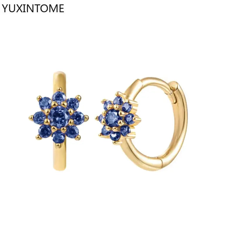 Luxury 925 Sterling Silver Ear Needle Flower Colorful Crystal Gold Earring For Women Hoop Earrings Trend Jewelry  Accessories