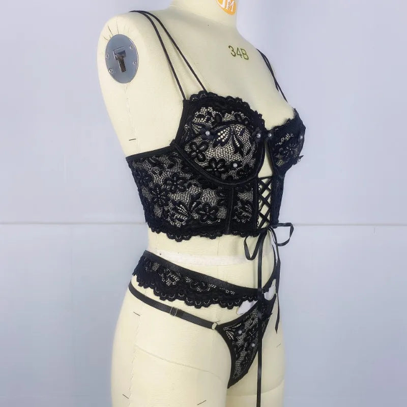 Sexy Beaded 3D Flower Hollow Out See-through Lace Up Underwear Set