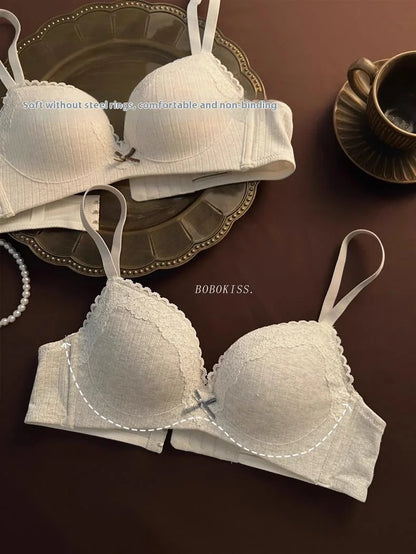 Lace Edge Sexy Lingerie Women's Small Breasts Gather No Wire Anti-Sag Bra Set