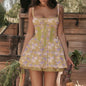 Women Floral Print Mini Dress Sexy Lace Patchwork Suspender Tie Up Corsets Bodycon Short Dresses Summer Boho French Vestidos