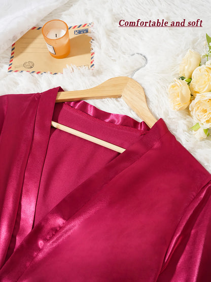 4Pcs Women Satin Pajama Set Robe Lace Lingerie Sexy Silk Nightwear