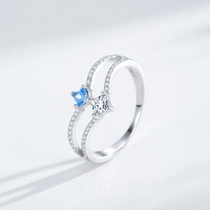 Ailmay 925 Sterling Silver Double-Layer Water Droplet Shaped Blue & White Zircon Ring For Women Personality Gift Party Jewelry