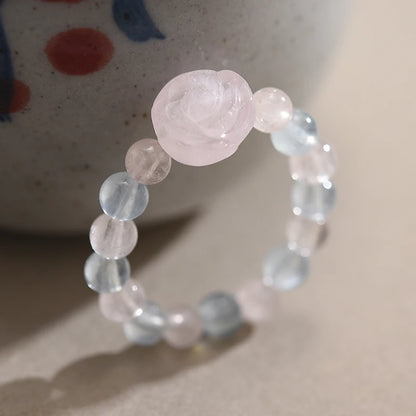 Lotus Fun Natural Stone Aquamarine Crystal Round Beads Rose Flower Extendable Rings for Women High Quality Wedding Fine Jewelry
