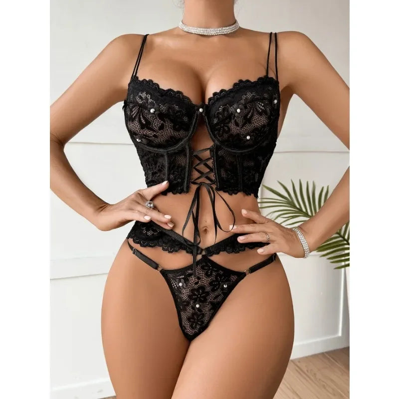 Sexy Beaded 3D Flower Hollow Out See-through Lace Up Underwear Set