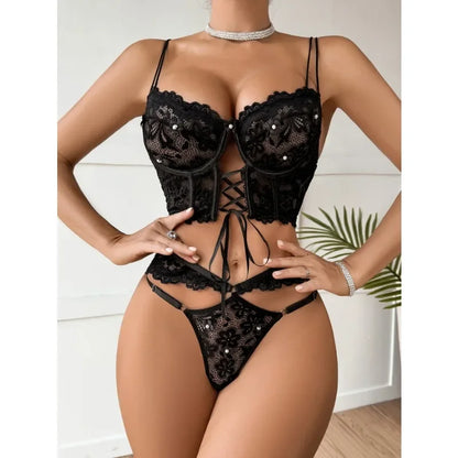Sexy Beaded 3D Flower Hollow Out See-through Lace Up Underwear Set