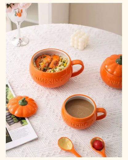 Pumpkin Mug Ceramic with Lid with Spoon Coffee Cups Milk Tea Breakfast Creative Handle Design Gift Drinkware Kitchen Halloween