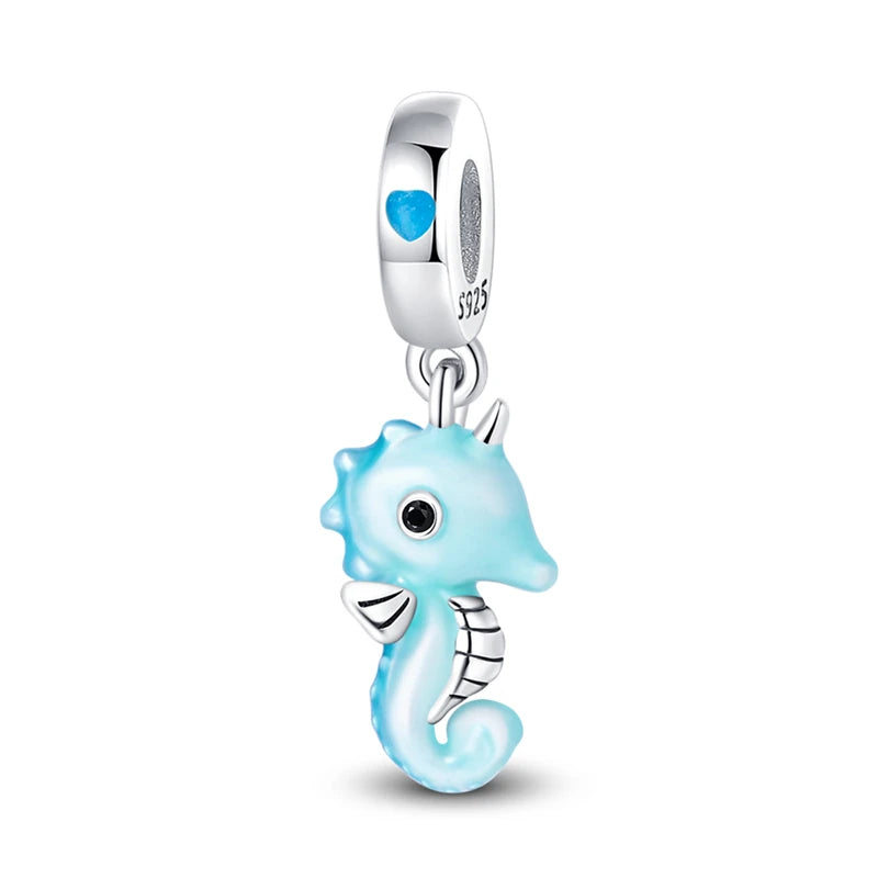 Blue Series 925 Sterling Silver Turtle,Whale & Seahorse Dangle Charm Fits Bracelet Kids Ocean Jewelry Accessories