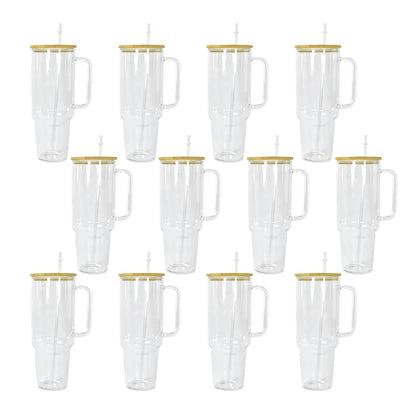 12pcs 40oz Clear Glass Sublimation Coffee Tumbler Travel Glass Mug With Handle Hu