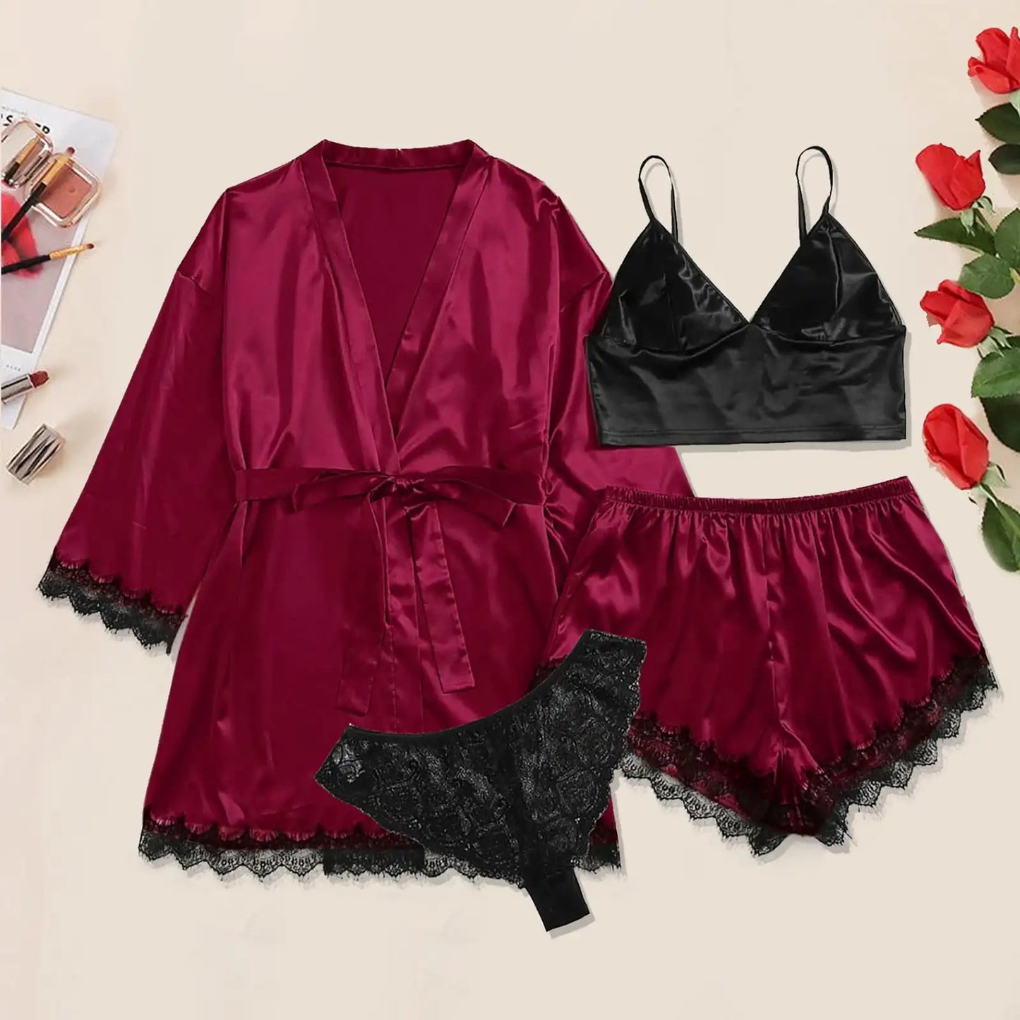 Women's Sexy Satin Lace Lingerie Set – Wine Red Nightwear with Robe , Bralette, Shorts & Panty for romantic atmosphere
