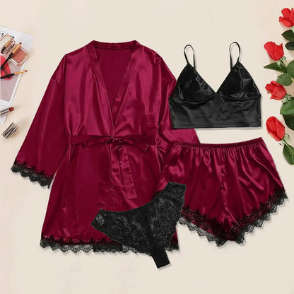 Women's Sexy Satin Lace Lingerie Set – Wine Red Nightwear with Robe , Bralette, Shorts & Panty for romantic atmosphere