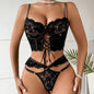 Sexy Beaded 3D Flower Hollow Out See-through Lace Up Underwear Set