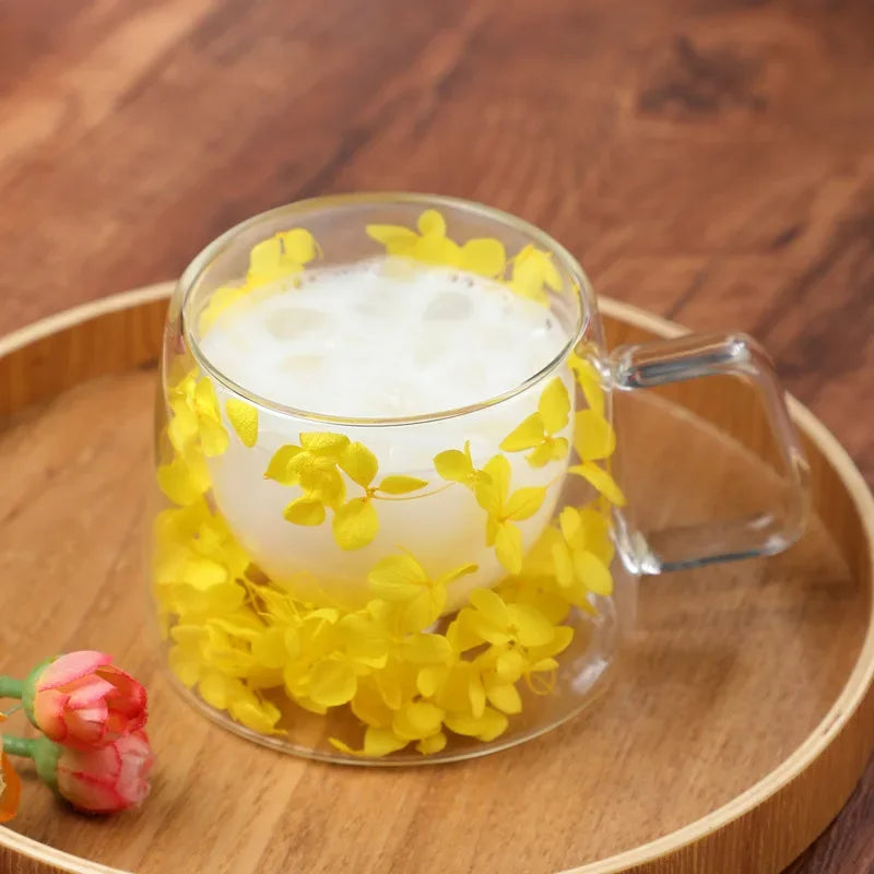 Double Wall Glass Cup 200ml Clear Flowers Pattern Milk Tea Coffee Mug with Handle Gifts Friends Home Water Cup Drinking Glasses