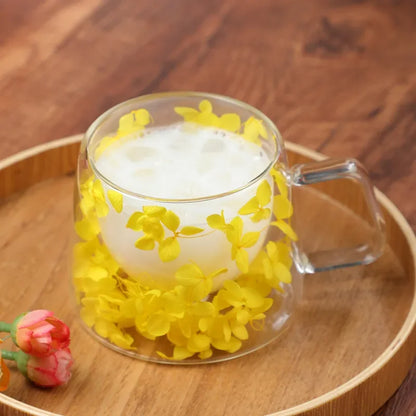 Double Wall Glass Cup 200ml Clear Flowers Pattern Milk Tea Coffee Mug with Handle Gifts Friends Home Water Cup Drinking Glasses
