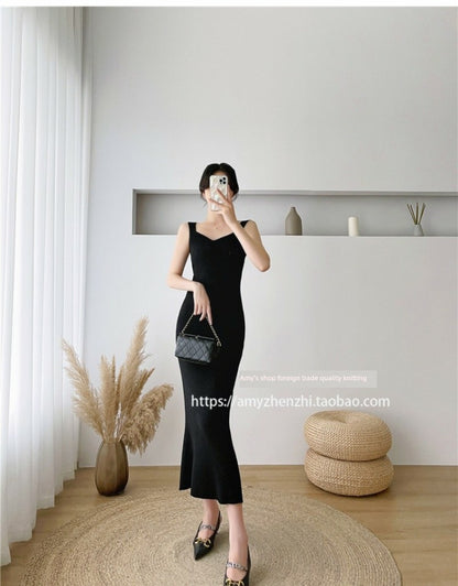 Autumn and Winter V-neck Slim-Fit Sleeveless Sling Fishtail Dress Sweater