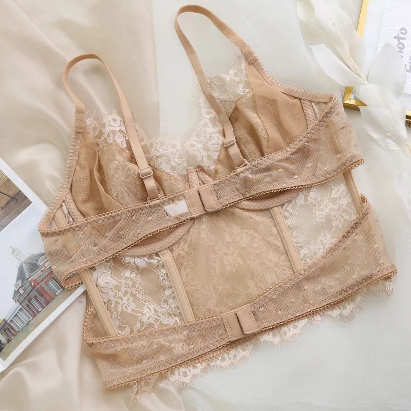 Full Lace Embroidery Ultra-Thin Transparent Intimates Push Up Pure Desire Soft Steel Ring Anti Saggging Underwear Low Waist