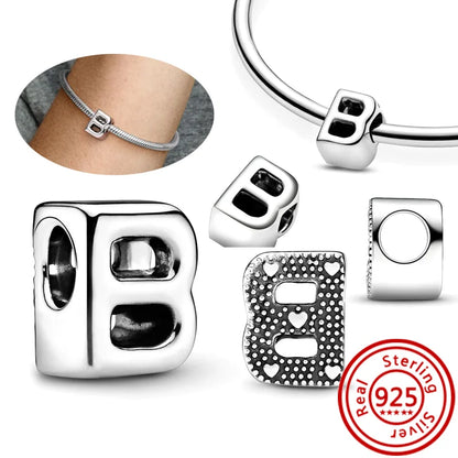 Hot Sale 100% 925 Sterling Silver 26 Letter A~Z Alphabet DIY Name Beads Fit Original  Charm Bracelet Bangles Fine Jewelry