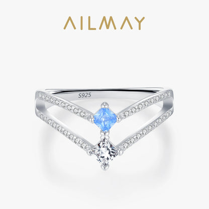 Ailmay 925 Sterling Silver Double-Layer Water Droplet Shaped Blue & White Zircon Ring For Women Personality Gift Party Jewelry