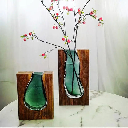 Flower Arrangement Bottle Wooden Glass Vase Creative Modern Hydroponic Flower Holder Exquisite Transparent Flower Pot Homestay