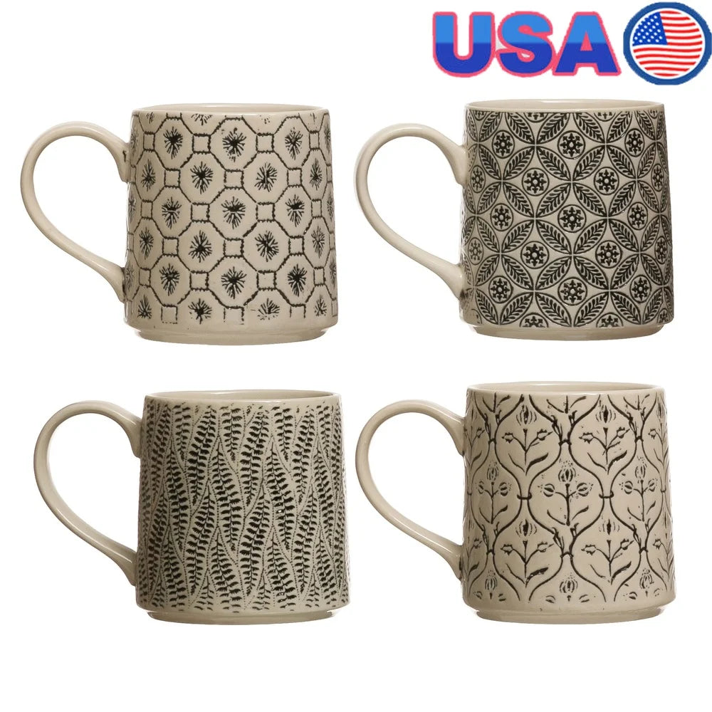Set of 4 Artistic Stoneware Mugs Hand-Stamped Intricate Embossed Pattern