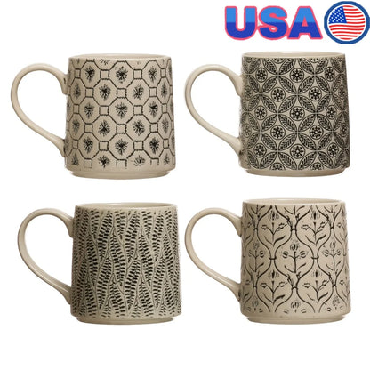 Set of 4 Artistic Stoneware Mugs Hand-Stamped Intricate Embossed Pattern