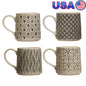 Set of 4 Artistic Stoneware Mugs Hand-Stamped Intricate Embossed Pattern