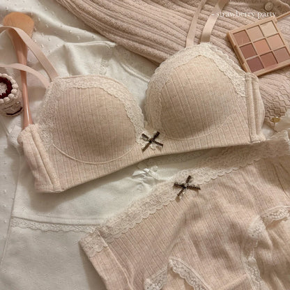 Lace Edge Sexy Lingerie Women's Small Breasts Gather No Wire Anti-Sag Bra Set