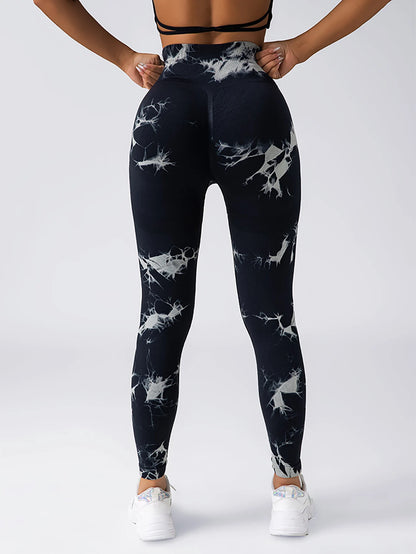 Tie Dye Seamless Leggings for Women High Waist Yoga Pants Scrunch Butt Lifting Elastic Tights Wide Waistband Sports Leggings